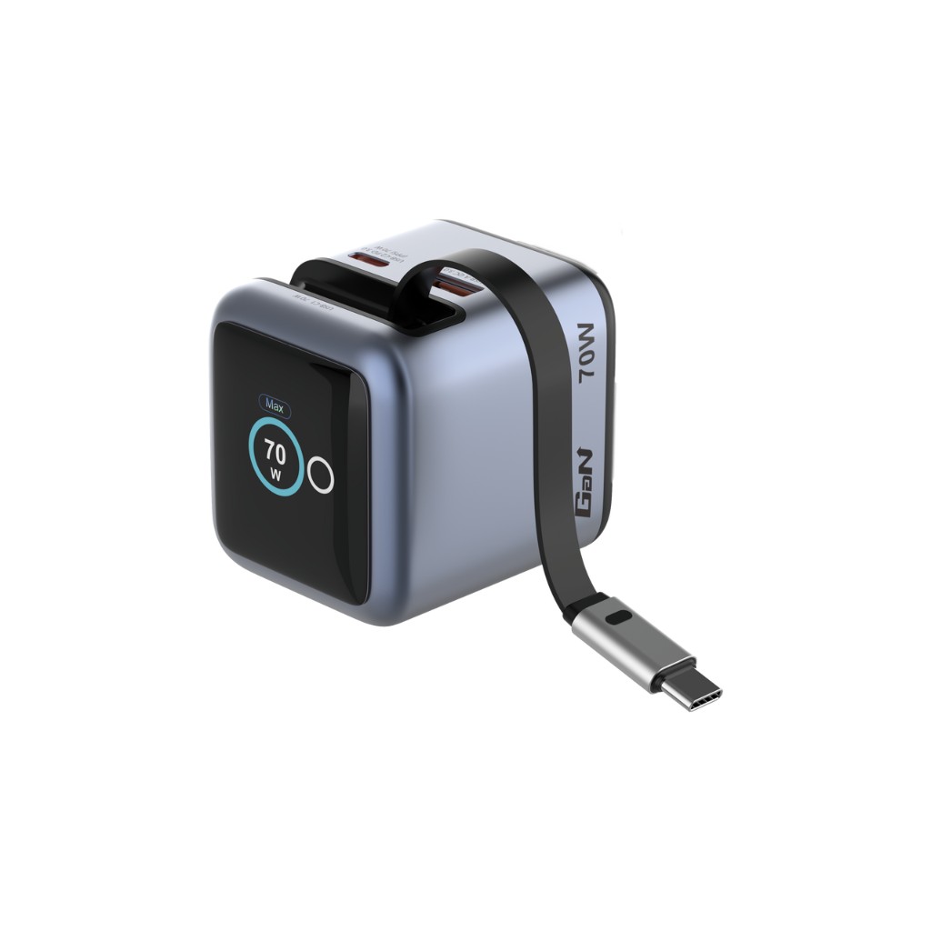 USB Universal Power Charger Verbatim GaN Mini w/Display & USB-C Cable 70W 1xUSB-C/1xUSB-A QC 3.0