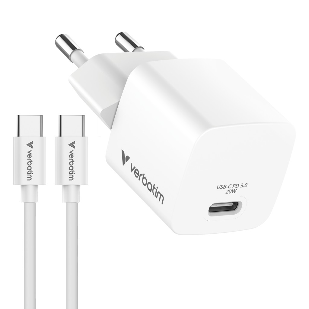 USB Universal Power Charger Verbatim 20W Type-C PD 3.0 White w/Cable