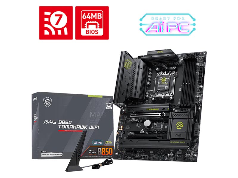 MB MSI MAG B850 TOMAHAWK WIFI 7 DDR5 AM5 8200MHz OC SATA3 3xM.2,USB 3.2/Type-C 10GBit HDMI