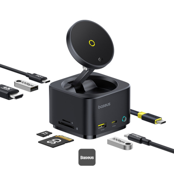 USB Hub Baseus MagPro Series 7-in-1 Type-C w/15W Qi2/2xUSB-A/USB-C/USB-C PD100W/HDMI/CardReader