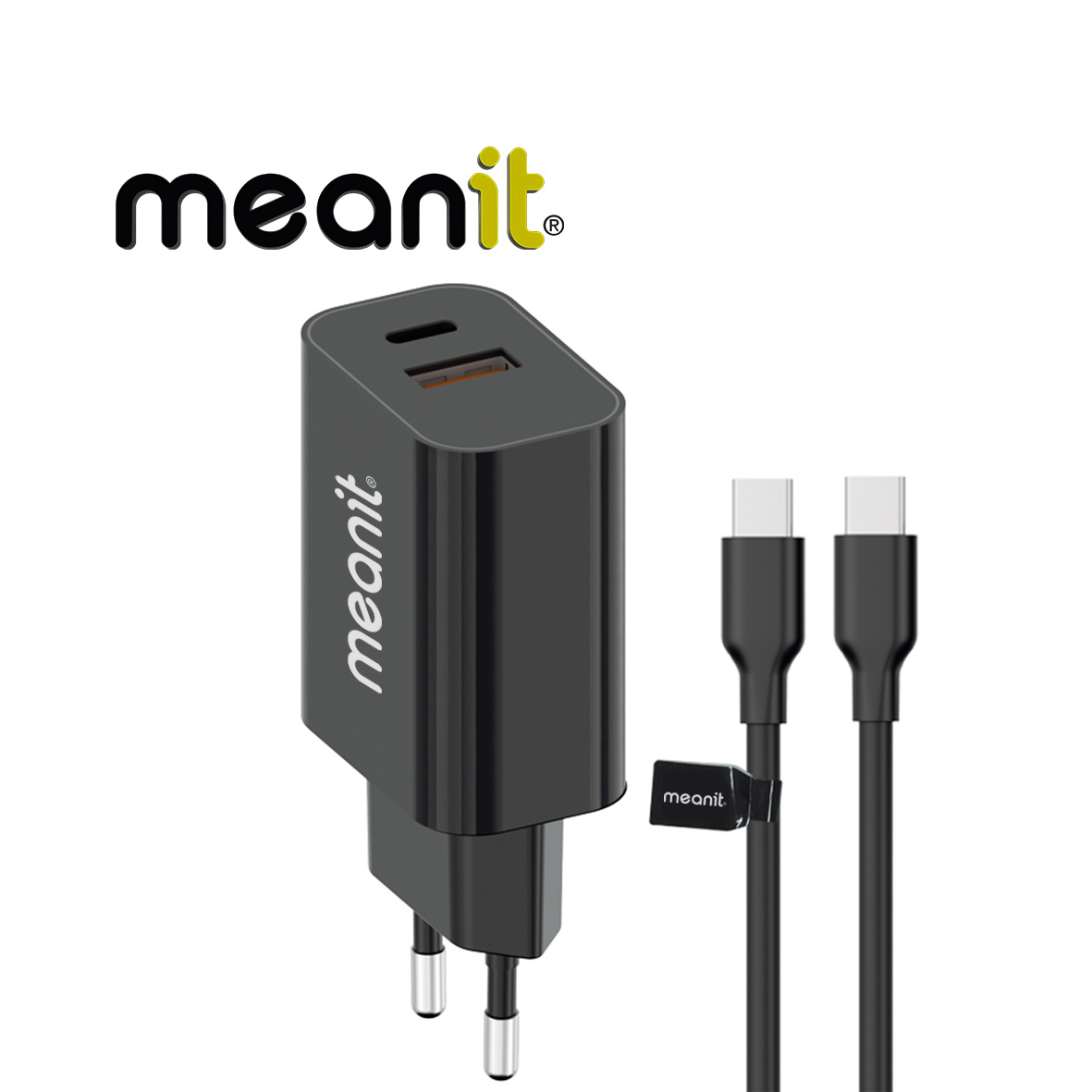 USB Universal Power Charger MeanIT Type-C 30W 2xPort PD w/Type-C Cable 1.5m Black