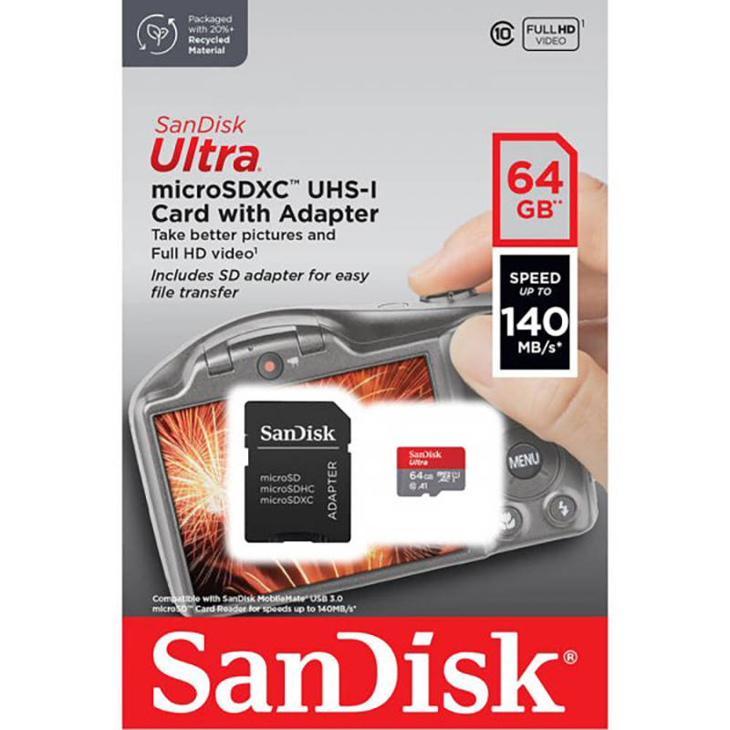 Secure Digital Micro SanDisk 64GB SDXC Ultra 140MB/s UHS-I/Class 10/A1 w/Adapter