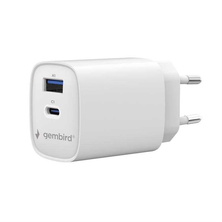 USB Universal Power Charger Gembird 2 port 30W GaN Type C+Type A White