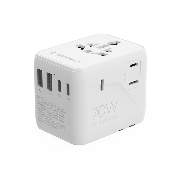 Universal Charger Travel Adapter Gembird 70W USB-C PD & QC, 3 x USB-C & 2 x USB-A ports
